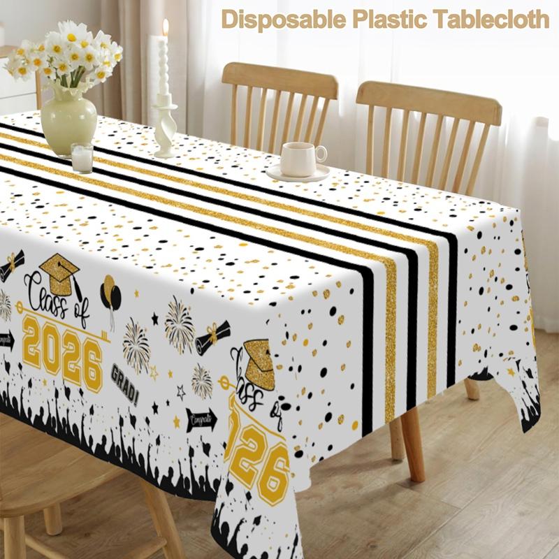 White Gold Disposable Tablecloth Congrats Grad Graduation Cap Diploma Table Runner Class of 2026 Stars Graduation Party Supplies