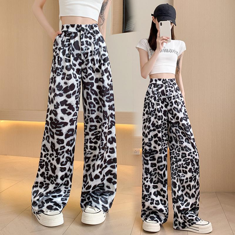 Leopard Print Wide Leg Pants Women Summer High Waist Slimming Straight Leg Casual Floor Pant