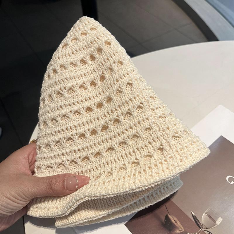 Korean simple solid color hollow knitted bucket hat women's autumn breathable soft washbasin hat sunshade sunscreen hat