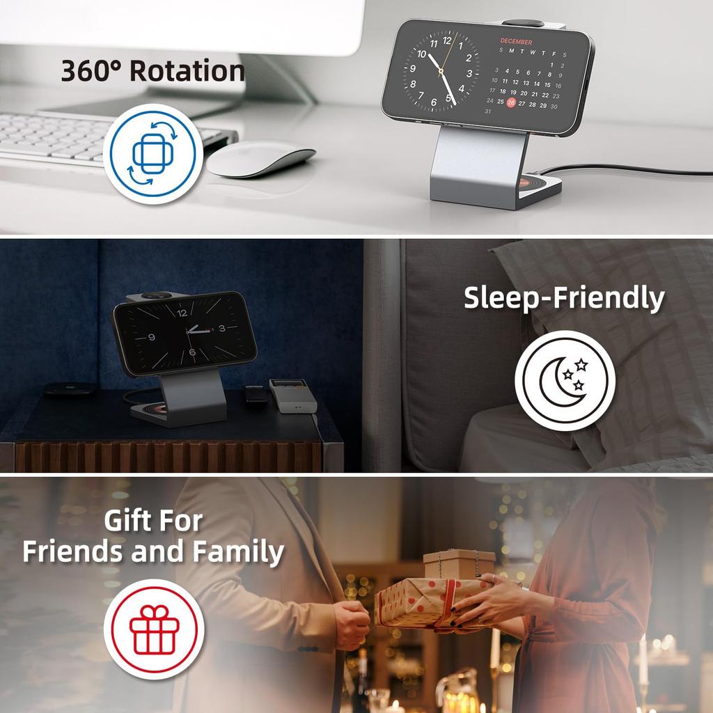 Magnetic Wireless Charging Stand, 3 in 1 Wireless Charging Station 15W Wireless Charger Compatible with iPhone 15/14/13/12 Series, Apple Watch,