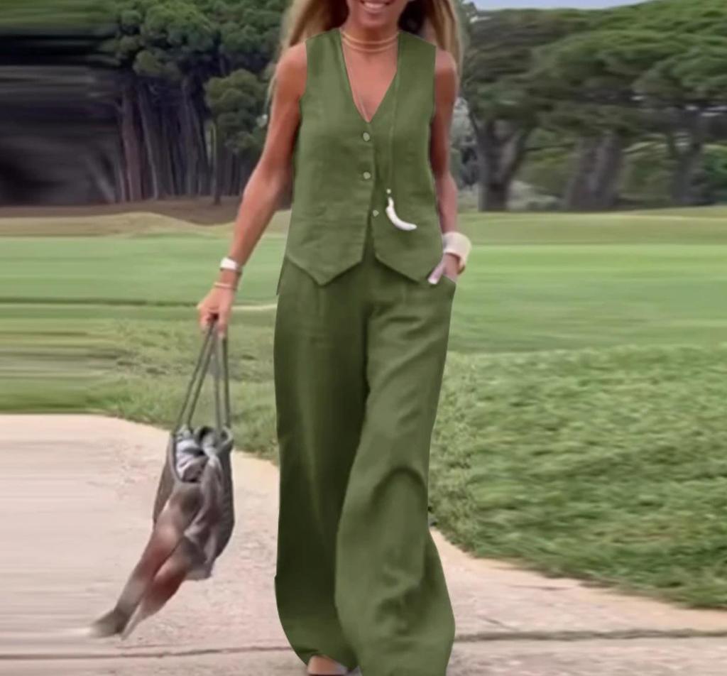 2025 Women's Fashion: European & American Solid Color Vest and Long Pants Two-Piece Casual Set