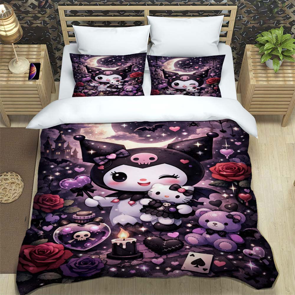 Kuromi 3-piece Cartoon Bedding Set, Exquisite Adult and Children's Bedding Set, Suitable for Double and Single Beds, Large Size.