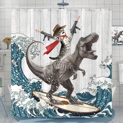 VIKAMA Western Cowboy Cat Tyrannosaurus Rex Surfing Shower Curtain Cartoon Whimsical Design Unique and Humorous Atmosphere Decor