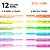 Shuttle Art Highlighter Pastel Neon Chisel for Diary Card SNS Pens, 12-Pack, Retractable, & Colors, Soft, Vibrant, Water-Based, Tip, Quick-Drying,
