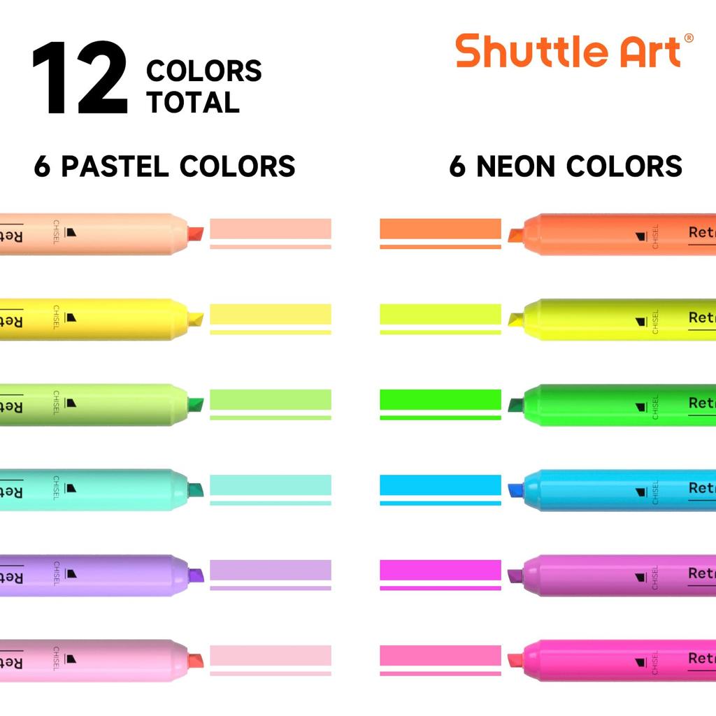 Shuttle Art Highlighter Pastel Neon Chisel for Diary Card SNS Pens, 12-Pack, Retractable, & Colors, Soft, Vibrant, Water-Based, Tip, Quick-Drying,