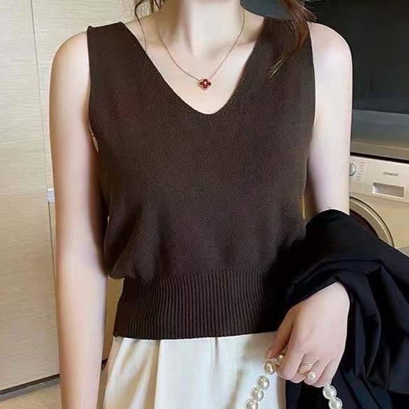 French Solid Color V-Neck Sleeveless Simple Casual Knitted Vest For Women