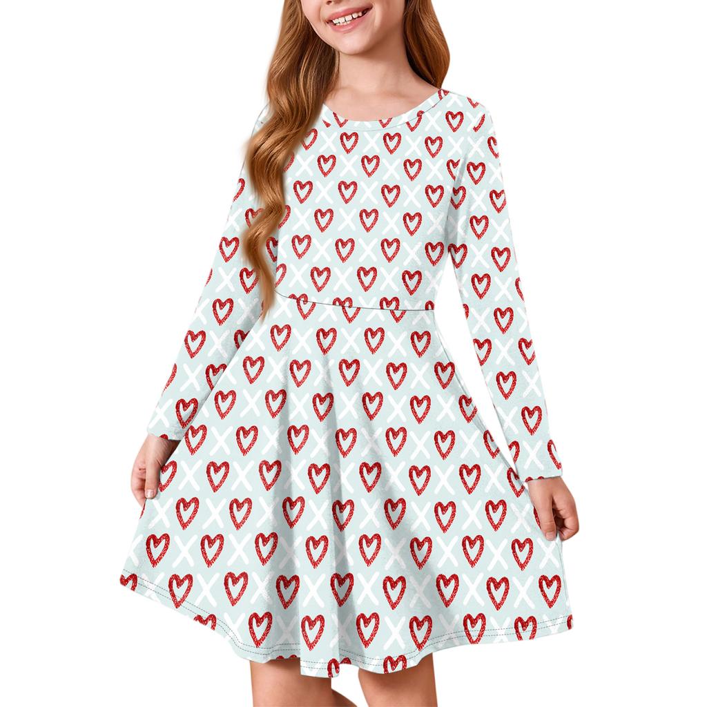 Girls' Summer Princess Dress - Long Sleeve A-Line T-Shirt Dress Valentine's Day