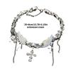 Silver Wing Crucifix Tassels Leather Choker Necklace Adjustable Length Clavicle Chain Stylish Accessory for Trendy Youth