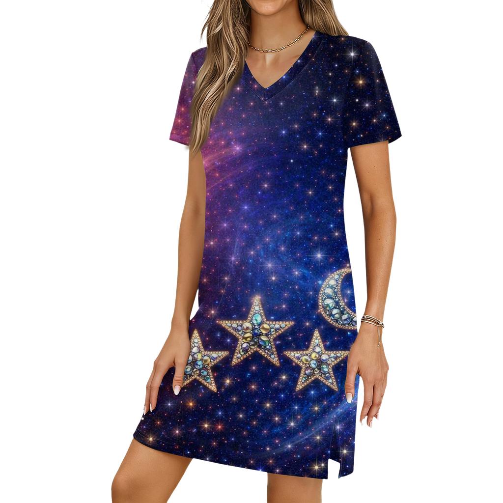 Women's Casual V-neck Short Sleeve Split Hem Independence Day Printed Dress