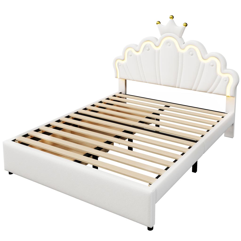 Letto imbottito, 140 x 200 cm, Senza materasso, Luce ambientale controllata a distanza, 2 cassetti, Forma a corona di principessa, Testiera regolabile, PU, Bianco