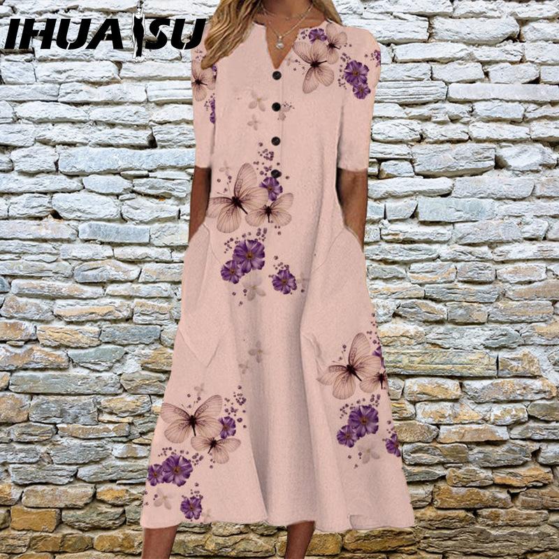 IHUASU Vestidos Elegantes Femininos Decote V Manga Curta Botão Vestido de Festa Feminino Verão Estampa Vintage Vestido Casual Solto Floral Vestidos Femininos