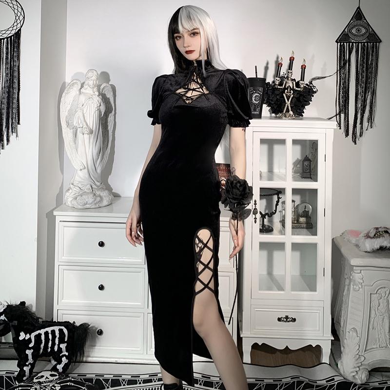 Buy Vintage Elegant Black Velvet Dress Women Harajuku Lace Up High