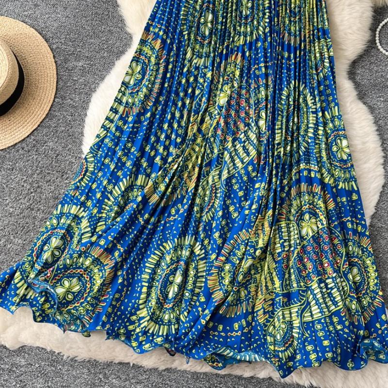 Spring Summer Women Elegant Print Elastic Waist Long Maxi Holiday Beach Pleated Skirt Only Have One Size