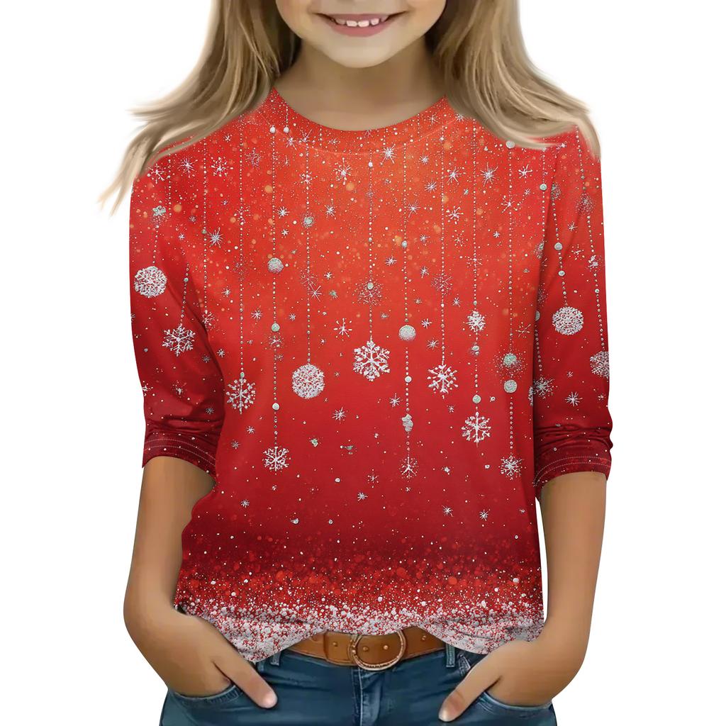 Christmas Day Print Tops For Youth Girls 4-11 Years Round Neck 3/4 Sleeves T-Shirts Trendy Tops Outfit Tees