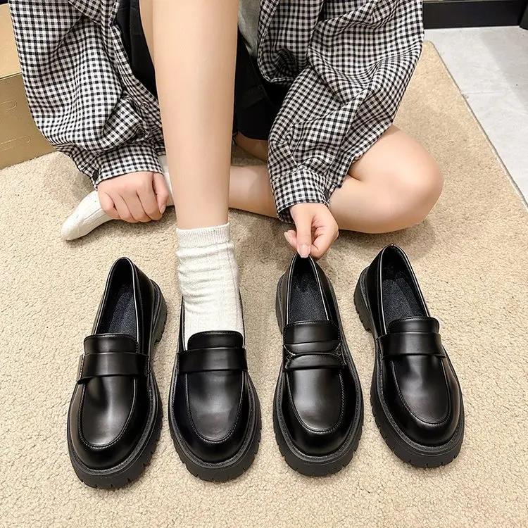 Thick-Soled Women's Shoes British Style Spring Autumn 2024 Cake Base Soft Leather Single Shoes Academy Japanese Style JK Round H