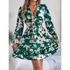 Women's Autumn/winter Casual Flower Lace-up Long Sleeve A-line Dress with Wooden Ear Trim