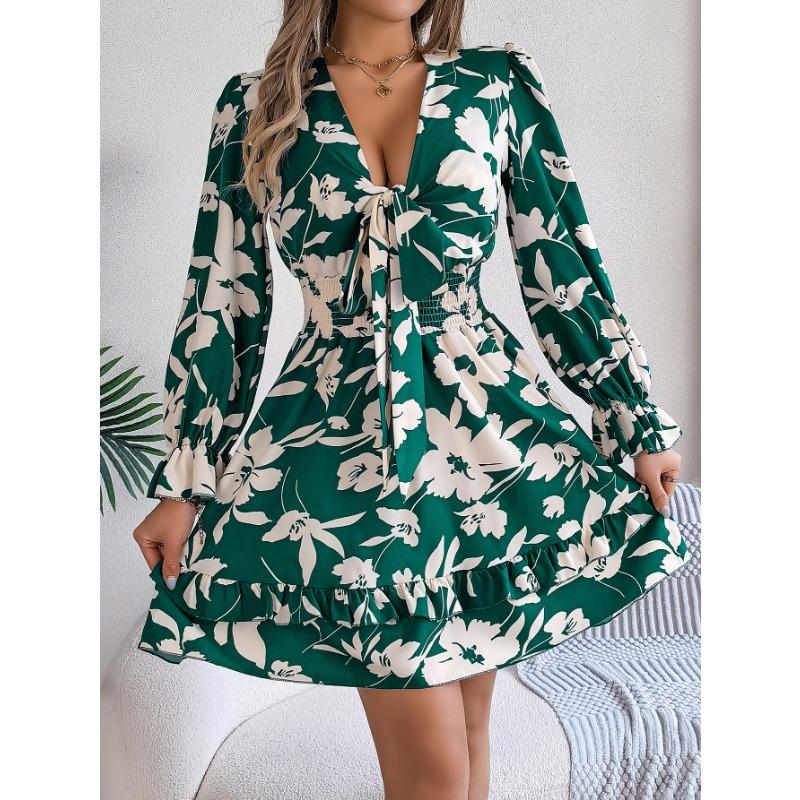 Women's Autumn/winter Casual Flower Lace-up Long Sleeve A-line Dress with Wooden Ear Trim