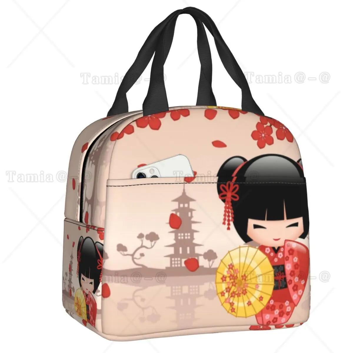 

Japanese Red Sakura Kokeshi Doll Insulated Lunch Bag for Women Resuable Cute Girly Cherry Blossom Thermal Cooler Lunch Box - ... S разноцветный