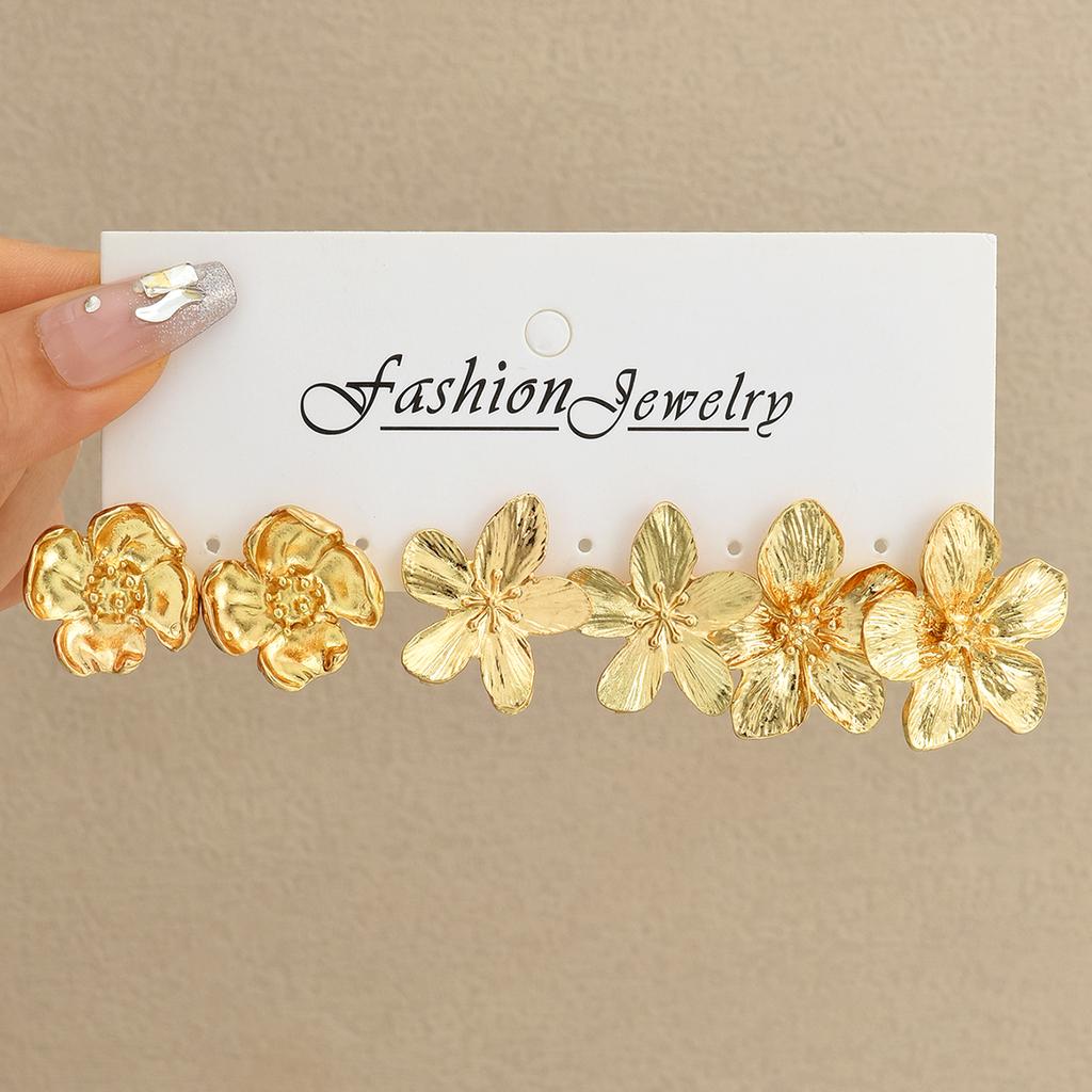 6 Piece Fashion Metal Flower Earrings Set Jewelry Women Trendy Shiny Daily Party Accessory Decorative Gift Idea For Her