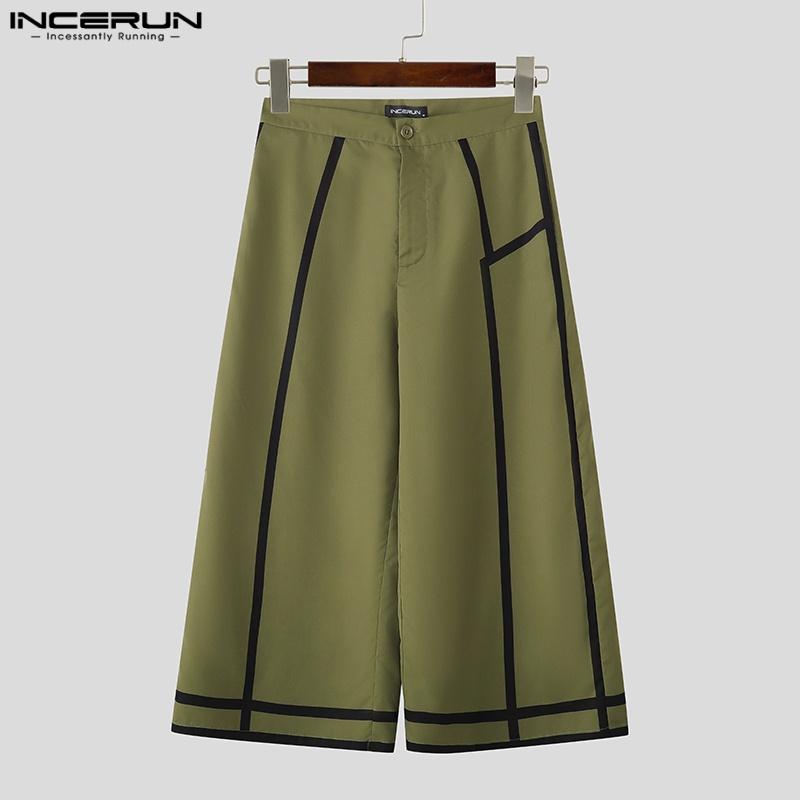 INCERUN 2PCS Men Lapel Neck 3/4 Sleeve Stitching Belt Shirt Long Wide Leg Pants Sets Outfits