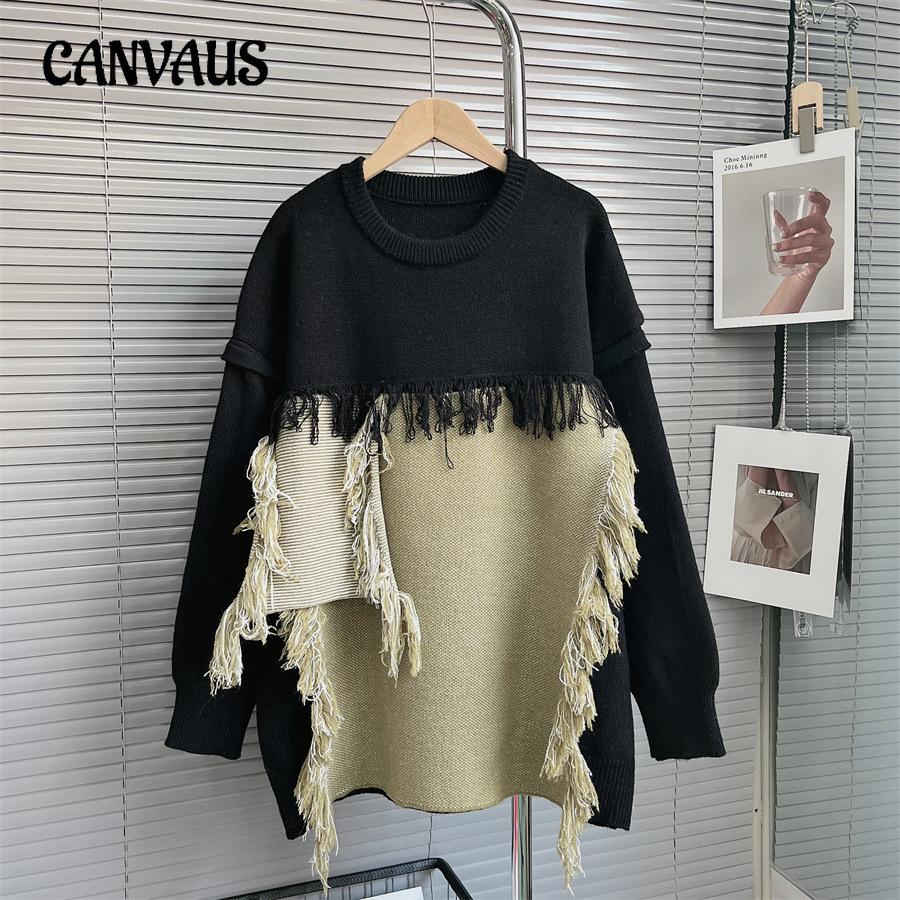 

Осенне-зимний женский свитер, дизайн ниши, разрушительный ветер, свободный ленивый ретро цветной вязаный свитер с бахромой Tide One Size чёрный