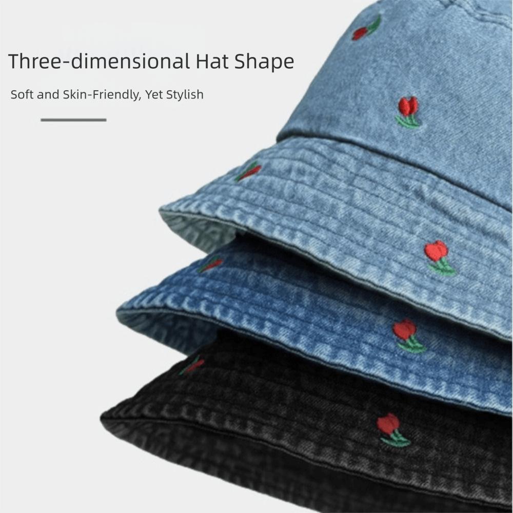Foldable Women's Bucket Hat Rose Embroidered Beach Sun Hat Breathable Denim Fisherman Hat Summer