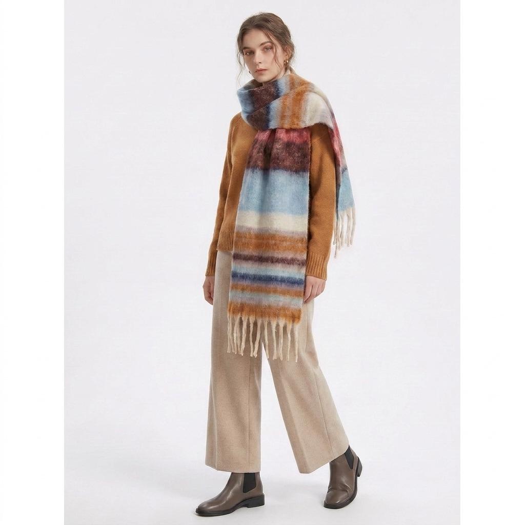 Autumn and winter new color thick braid high sense women's scarf thickened loop yarn striped thick beard shawl