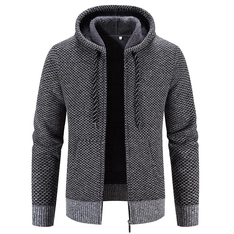 Men’s Hooded Knit Cardigan: Thick Velvet, Solid Color Winter Sweater Jacket