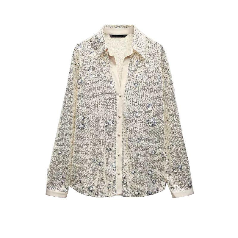 

Осень и Зима Новая Женская Одежда Мода Ветер Пайетки Свободного Кроя Длинные Рукава Лацкан Однобортная Рубашка Топы 9261967 Silver L