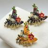 Vintage Iridescent Rhinestone Witch Hat Brooch Halloween Spider Flower Vine Metal Pin for Clothes Bags