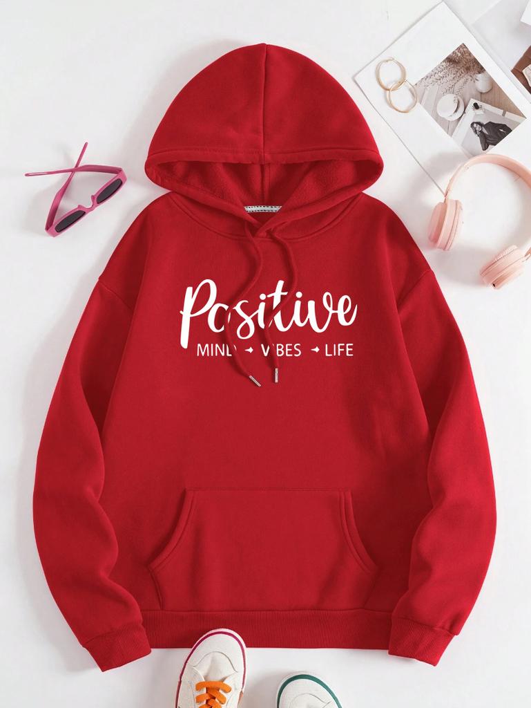 Positive Mind Vibes Life Art Letter Printed Women Hoodies Fleece Harajuku Hoody Casual Loose Y2K Clothes Pocket Autumn Pullover