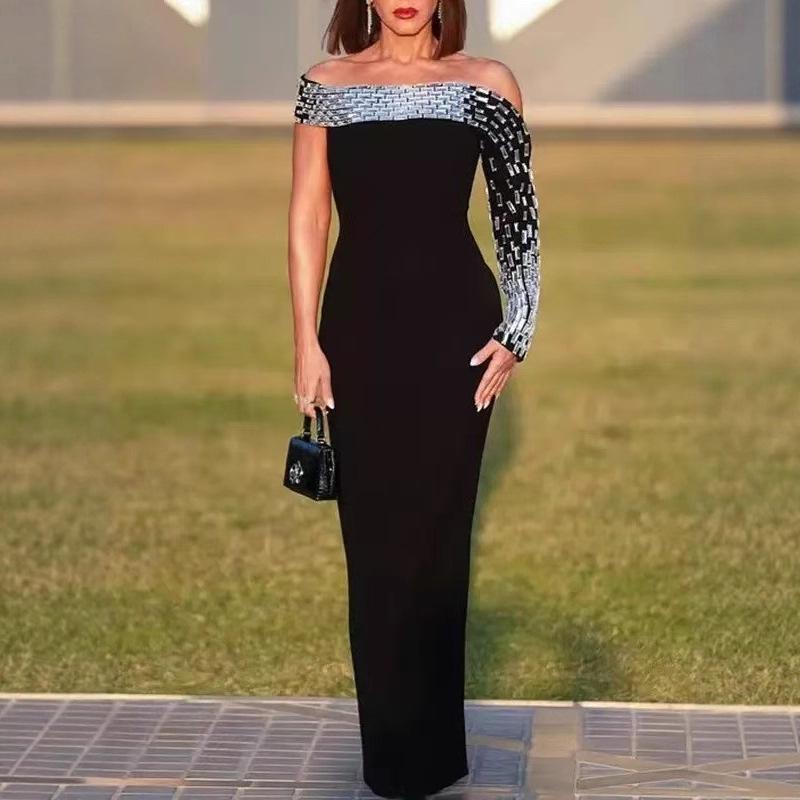 Rochie Bodycon Bandaj Europeană & Americană cu Strass-uri, pe un umăr