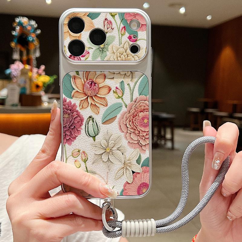Watercolor Flowers Print Leather Lanyard Case For iPhone 18 Pro Max Hybrid TPU+PU Anti-skid Soft Cover For iPhone 17 16 15 14 13 Pro Max