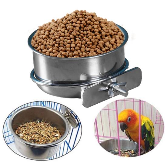 Bird Feeding Bowl Stainless Steel Cup with Clamp Parrot Feeder Birdcage Feeder Food Water Dish Pet