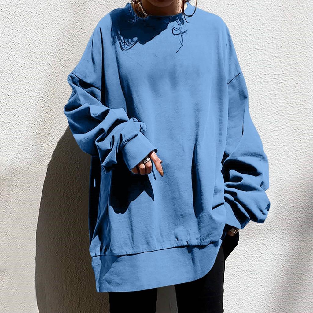 Damenmode Lässig Rundhals Locker Langarm Einfarbig Langes Sweatshirt