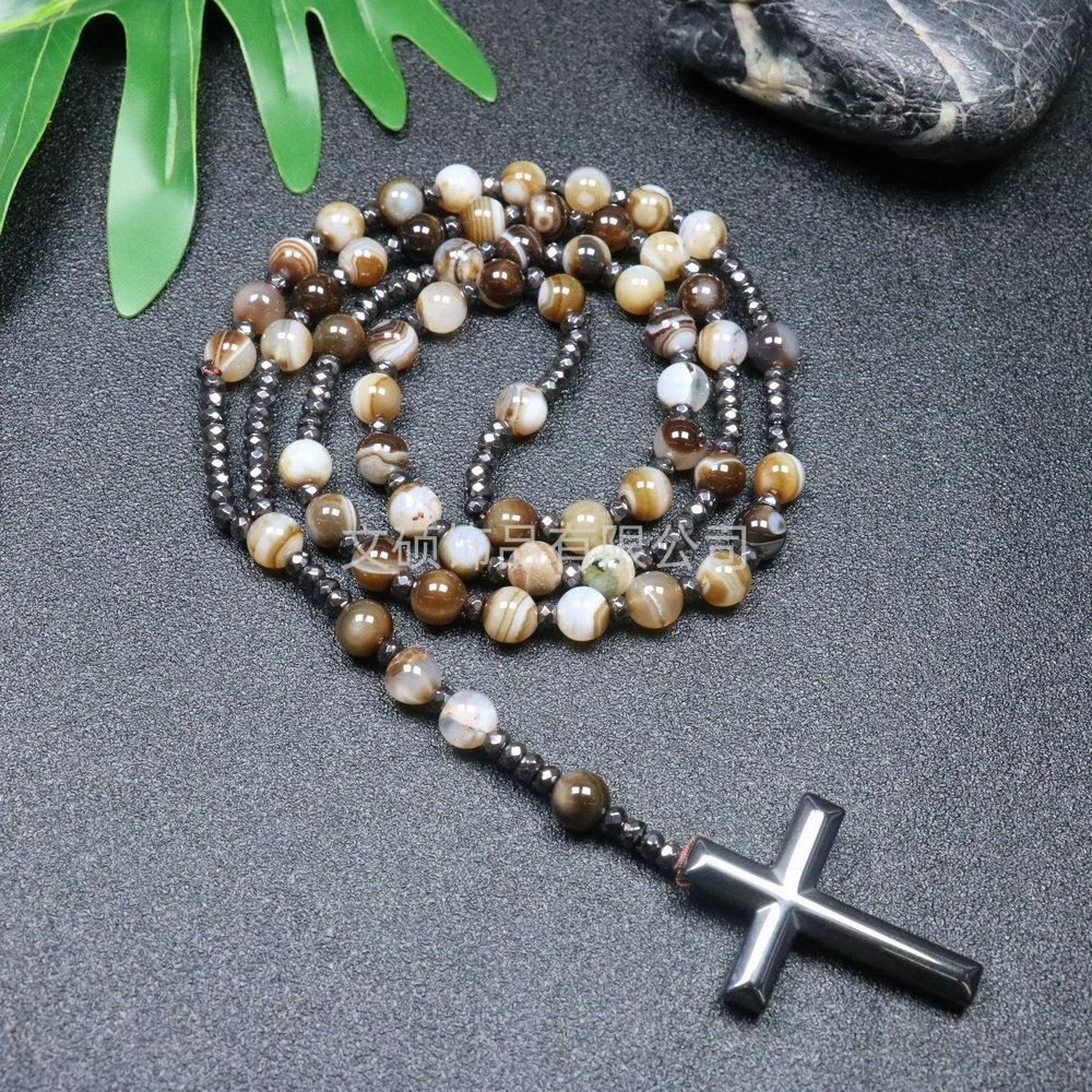 Collier pendentif croix en pierre naturelle, Croix en pierre d'œil de tigre et fer à bille chapelet collier pour homme