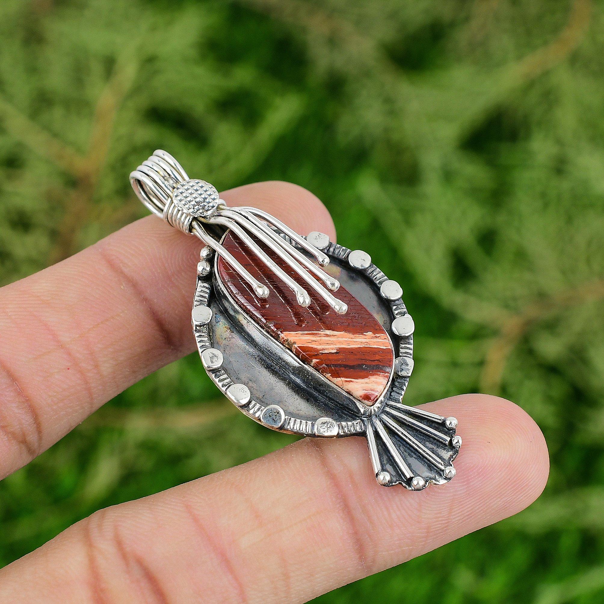 

Daughters Day Deal 925 Sterling Silver Red Snakeskin Jasper Stone Bezel Pendant