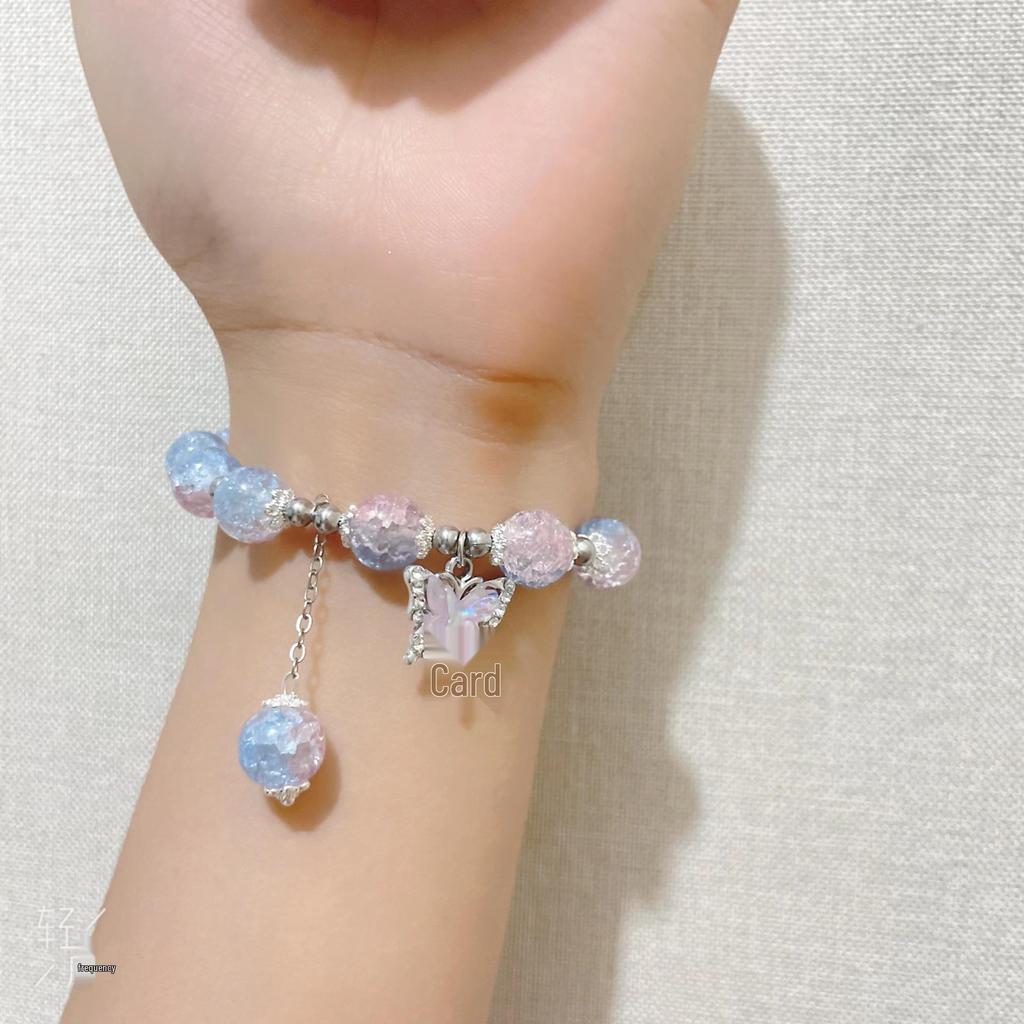 New Women's Mori Style Butterfly Glass Bracelet with Colorful Crackle Beads