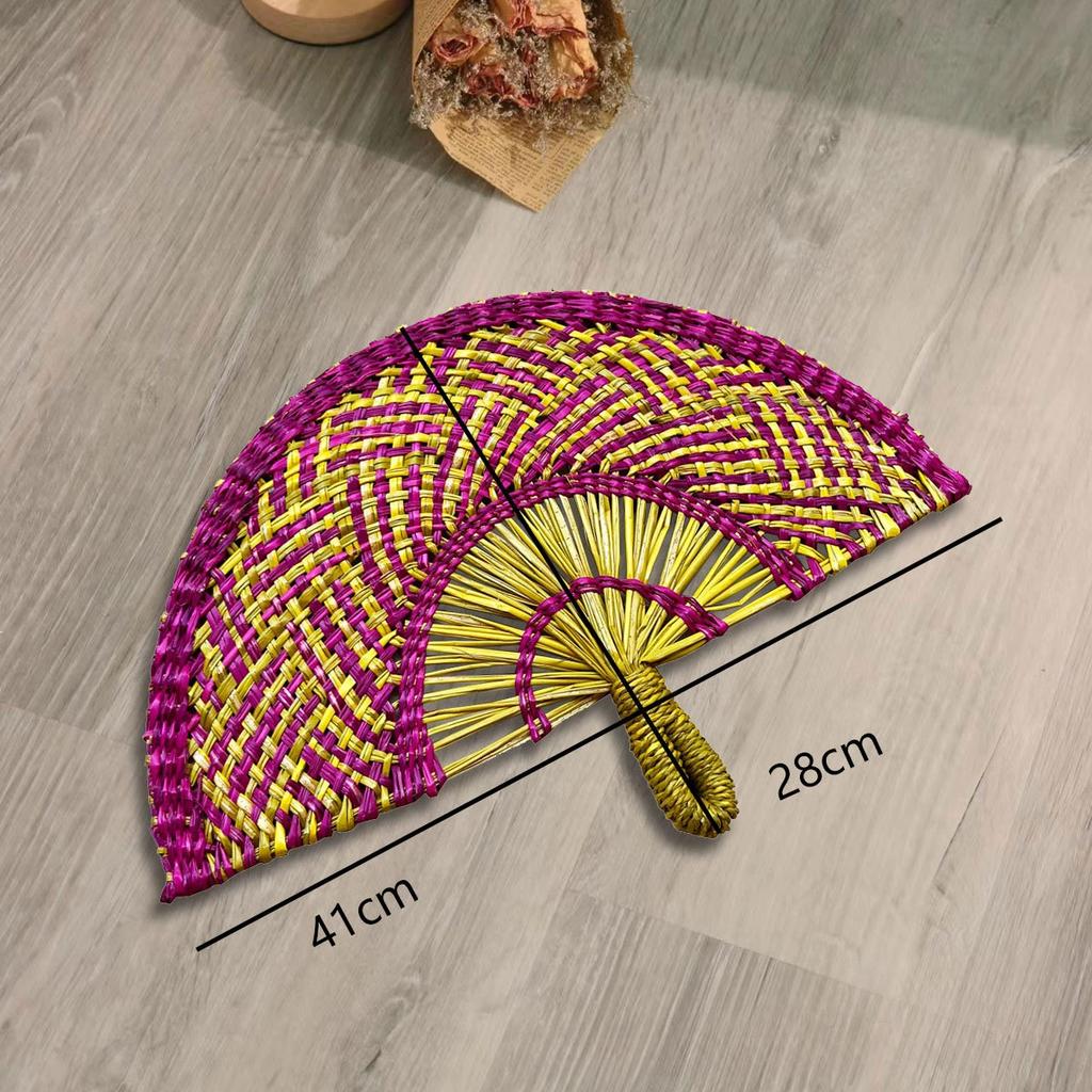 Grasgewebter Fächer Handgefertigter Seetangfächer Wandbehangfächer Bunter Dekorativer Fächer Sommer Handkurbelfächer