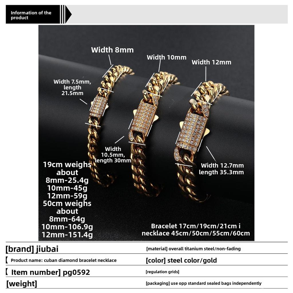 European and American Stainless Steel Jewelry Zircon Spring Buckle Cuban Chain Titanium Steel Necklace Hip Hop Personality Men's Necklace