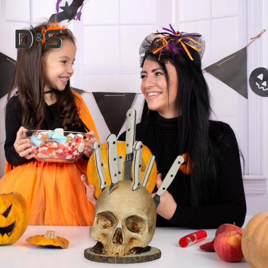 Skull Cutter Holder Horror Skull Resin Figurine Kitchen Countertop Cutter Block Organizer Stand Rack Desktop Decoration Scary Party Gift