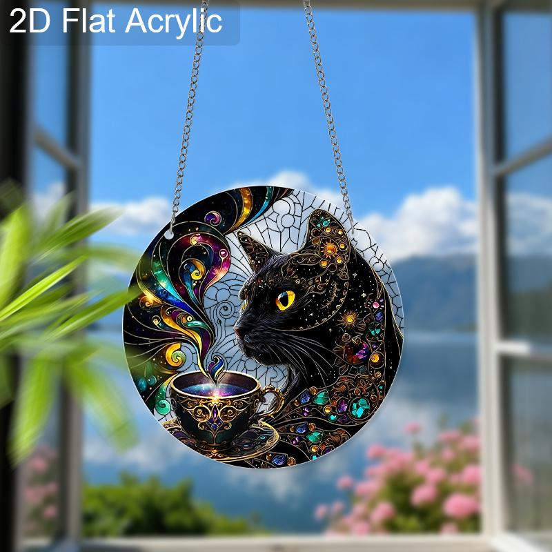 Acrylic Cosmic Black Cat with Magical Teacup Suncatcher, Stained Glass Effect Window Hanging Ornament for Mystical Cat Lover Gifts