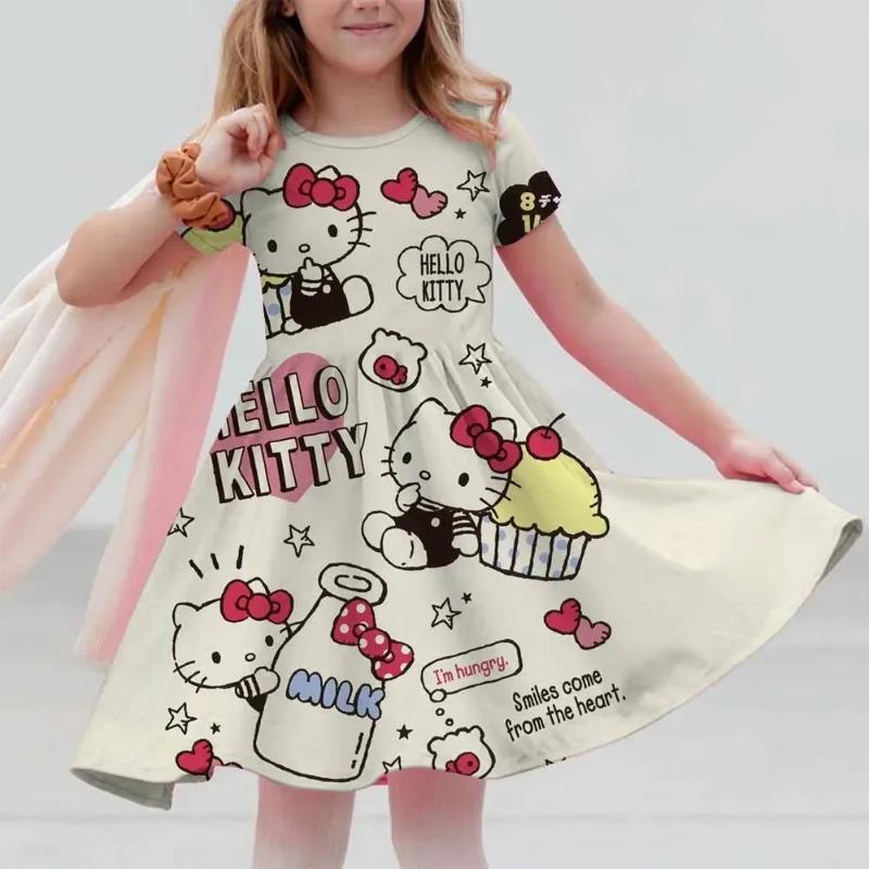 New Summer Dress Fashion Cartoon Cute Hello Kitty 3D Print Dresses Kids Short Sleeve Princess Girls Party Children Clothes