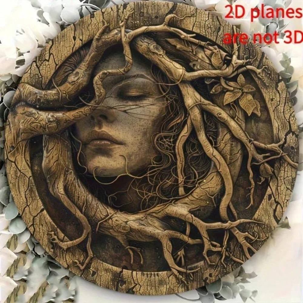 Round Metal Wall Art Tree Spirit Carved Face Home Decor Natural Inspired Calm Design