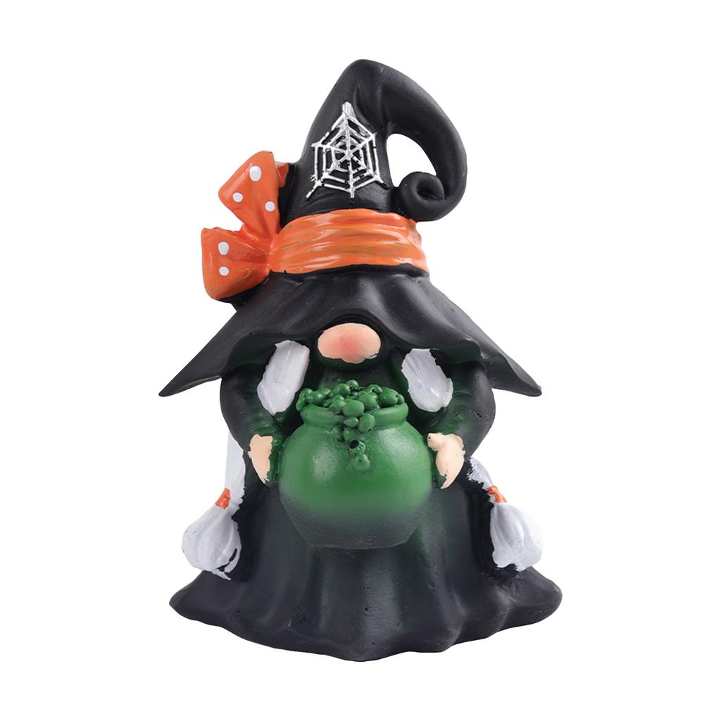 Halloween Gnome Witches Decoration, Black With Orange Bows, Handmade Table Decor With Cauldron, Spooky Resin Statue Scandinavian Gnomes