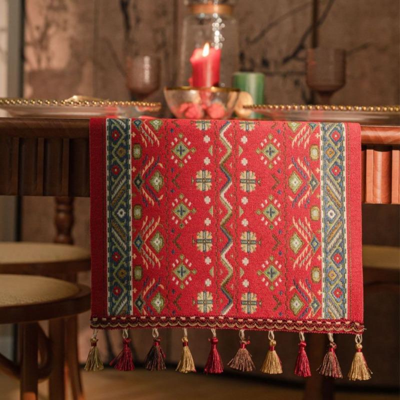 Amerykański Styl Vintage Bieżnik Stołowy z Kwiatowym Wzorem Żakardowym i Frędzlami na Stolik Kawowy Salon Szafkę RTV Stół Jadalny Stopę Łóżka Dekoracja Ślubna
