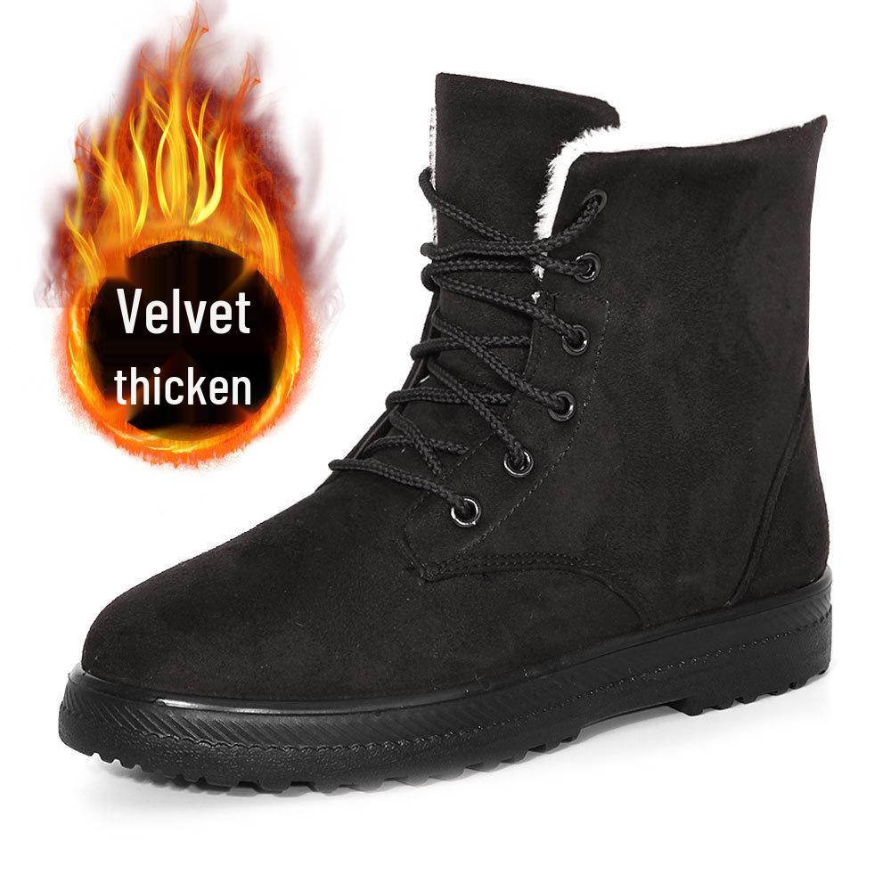 Korean Style High-top Snow Boots for Men and Women, Plus Size, with Velvet Lining and Front Lace-up.
