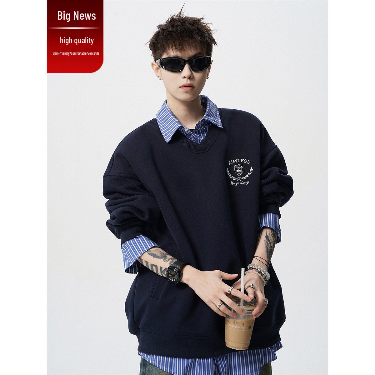 

Men s American-Style Two-Piece Look Sweatshirt - Spring/Fall Heavyweight College Design with Shirt Collar, Plus Size 6XL (220-240 jin) чорний
