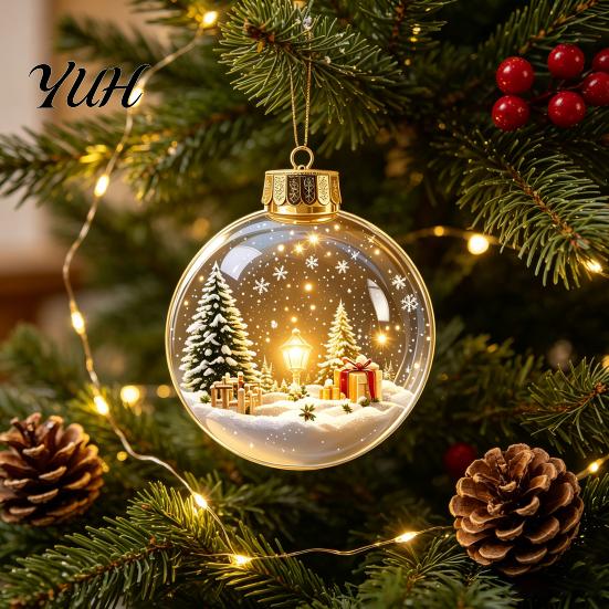 Romantic Christmas Atmosphere Lights Glowing Story Ornament, Mini Holiday Scene In Clear Ball with Lighted Ornaments LED Light, Acrylic Hanging