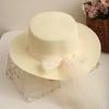 Beach Straw Hat Flat Top Wide Brim Sun Protection Hat with Tulle Bow Imitation Pearls Decor Hand-Woven Breathable Summer Hat